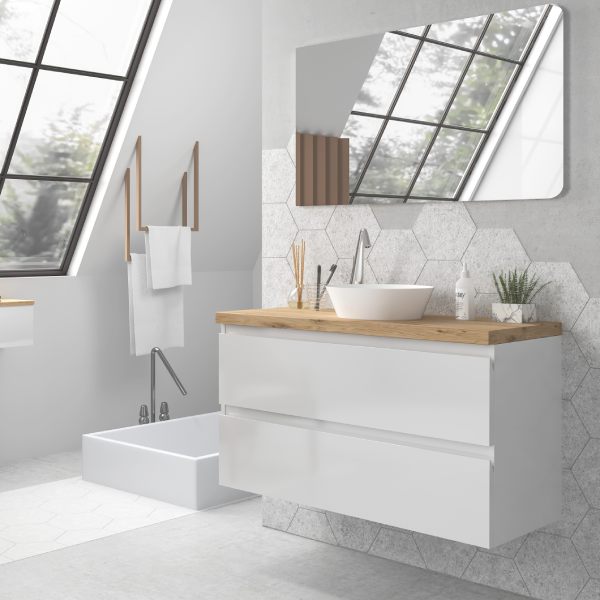 Mueble para Baño con Lavamanos + Columna Blanco Brillo (Incluye Lavabo y  Espejo) 