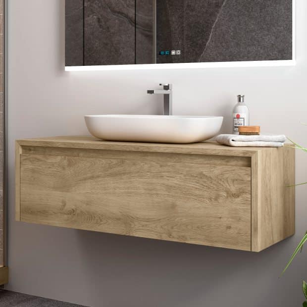 Lavabo de baño moderno con una elegante encimera de madera creada con  tecnología de ia generativa
